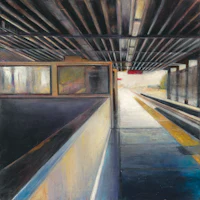 an oil painting of a train station