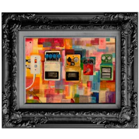 a black frame with a painting of various electronic devices