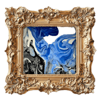 an ornate gold frame with a blue and white painting