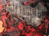 an abstract painting with red and black colors